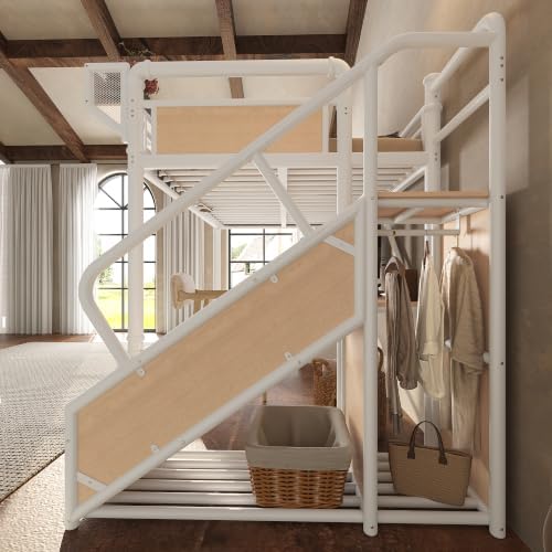 Bellemave Full Metal Loft Bed with Stairs and Desk for Kids,Adults,White