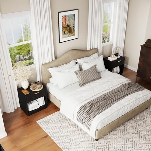 Fluted Nightstand Set of 2 with Charging Station,Drawer & Open Shelf,Black