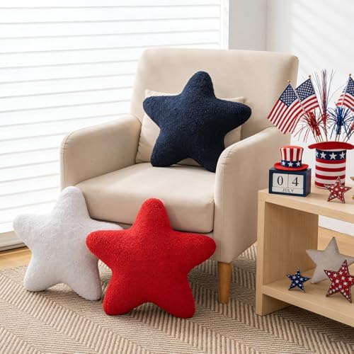 Cumule 3 Pcs Patriotic Star Throw Pillows Red White Blue Stuffed Star Plush Pillows 4th of July Decor for Couch Bed Sofa Independence Day Memorial Day Home Decor