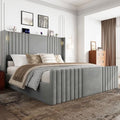 55" Tall King Size Platform Bed Frame with 2 Reading Lights, Grey