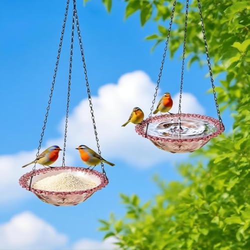 2 Pack Hanging Bird Baths and Feeders for Outdoors, Plastic Bird Bath Bowl & Hanging Feeder for Garden Yard Decor,Lilac Purple