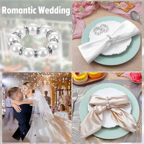 100Pcs Pearl Napkin Rings Imitation Pearl Ring Napkin Holder Delicate Silver Beaded Serviette Buckles for Wedding Christmas Dinner Banquet Decor Party Table Settings