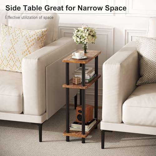 Apicizon Small Narrow Side Table, 3-Tier Skinny End Table, Brown and Black