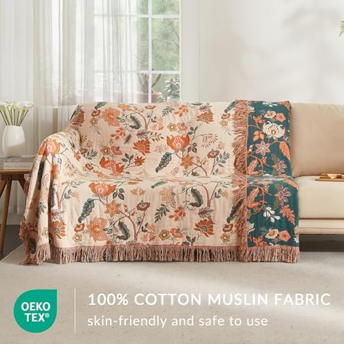 Bailix Boho Throw Blanket, 100% Cotton, Woven Floral Pattern, 90"x98"