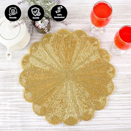 ALPHA Living HOME Beaded Placemats Set of 2, 13 Inch Round Gold Table Mats
