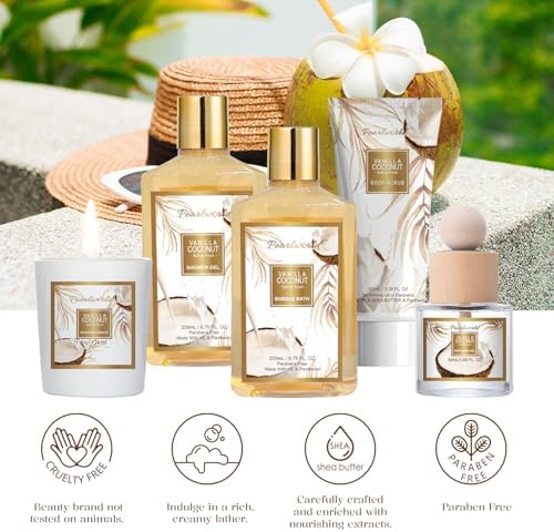 Birthday Gifts Basket for Women, 15pcs Vanilla Coconut Bath Set with Shower Gel, Bubble Bath, Diffuser Oil, Scented Candle, Skin Care Kit Birthday Gift for Women