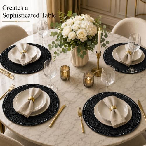 13" Round Glass Beaded Placemats - 2 Pack Table Mats Chargers for Dinner Plates, Plate Chargers Boho Luxurious Elegant Décor for Dining Table, Events & Parties (Black)