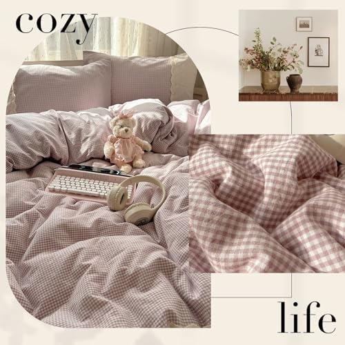 mixinni Purple White Gingham Duvet Cover Queen Size - 3 Piece Cottagecore Plaid Bedding Set with Lace Trim, Soft Washed Microfiber Vintage Aesthetic Grid Comforter Cover & Pillow Shams