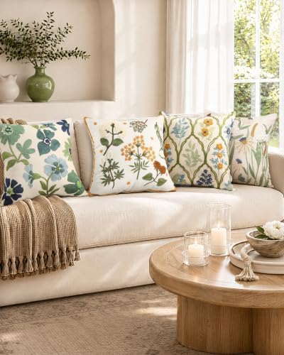 Embroidered Throw Pillow Covers 18x18, Set of 2, Meadow Flower