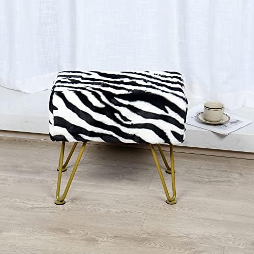 Zebra-Print Rectangle Faux Fur Ottoman 19"x13"x17" Soft Fuzzy Entryway Bench Seat Sturdy Accent Coffee Table for Living Room Makeup Vanity Stool with Golden Legs for Bedroom Closet Foot Rest