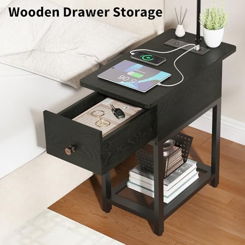 runjuly Floor Lamp with Table, Narrow Side Table with Charging Station
