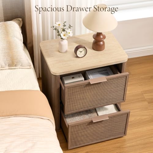 Night Stand Set 2, Rattan Nightstand with 2 Drawers