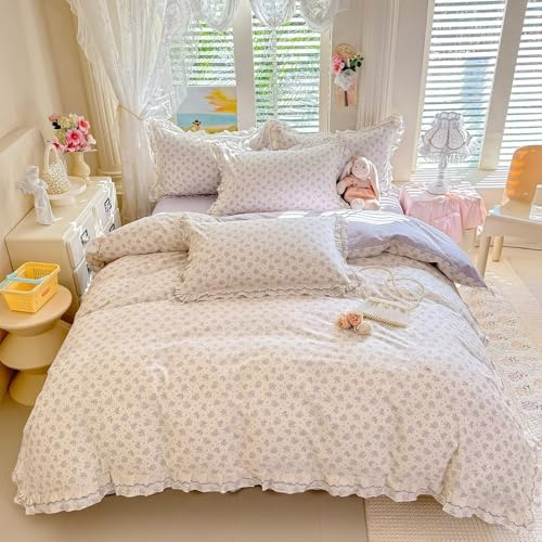 Cotton Floral Duvet Cover King Size 3 Pcs,Ruffled Bedding 104"×90"