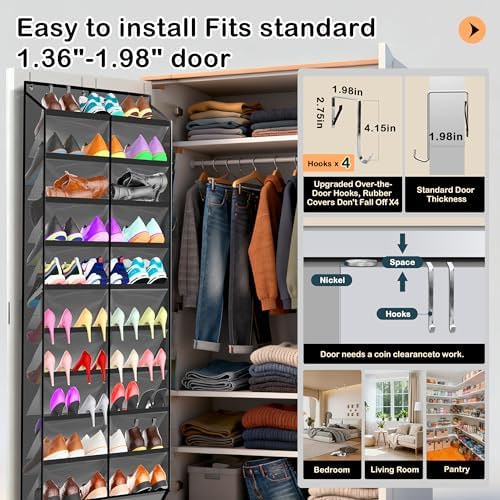 Kotkn 10-Tier Over the Door Shoe Organizer, 20 Pockets Holds 20-30 Pairs, Heavy-Duty Oxford Fabric with Hexagon Mesh for Boots & Sneakers-Dark Gray
