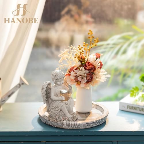 Hanobe Decorative Coffee Table Tray, Round Wood Candle Holder Plate