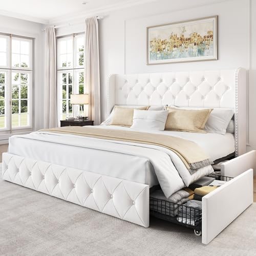 LARMACE King Size Bed Frame with 4 Storage Drawers and 47.2" Tall Wingback Headboard Velvet Upholstered Platform Bed Frame Tufted Beds with Wooden Slats Support, Easy Assembly, White