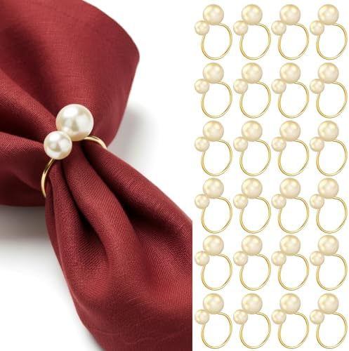 Sliner 24 Pcs Pearl Napkin Rings, Gold Table Napkin Holder Buckles for Dinning Table Setting Christmas Wedding Party Supplies