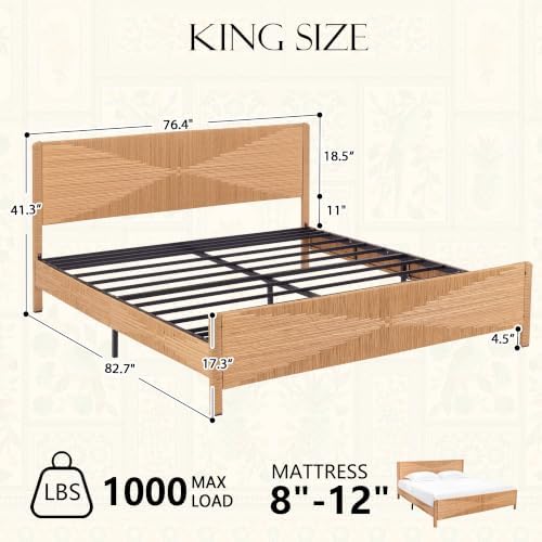 Brafab Hand-Woven Rattan King Bed Frame with Headboard and Footboard