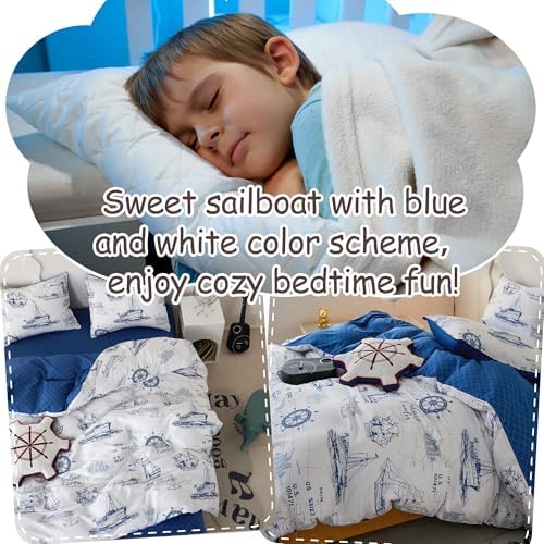 Simple&Opulence 100% Organic Cotton Duvet Cover for Kids Teens, 4 Pieces Soft Cartoon Comforter Cover with Zipper Closure, Boys Bedding Set - Sailboat,Full/Queen