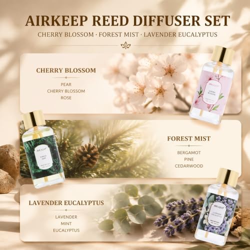 Airkeep Reed Diffuser Set, 3 Pack Cherry Blossom Forest Mist Lavender Eucalyptus Fragrance Oils for Home, Long Lasting Aroma with Reed Sticks for Bedroom, Bathroom, Living Room & Office
