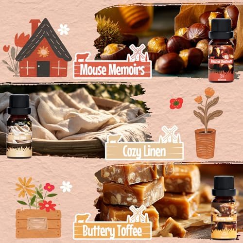 Farmhouse Essential Oils Set for Diffusers for Home, Soap & Candle Making Scents, Roasted Chestnuts,Buttery Toffee, Garden Herbs, Cozy Linen, Maple Syrup, Weathered Wood, 6x10ml