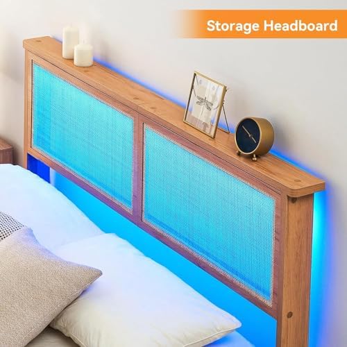 coucheta Bohemian King Rattan Bed LED Natural Headboard Bedroom