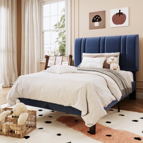 SHA CERLIN Twin Size Velvet Bed Frame with Adjustable Headboard, Blue