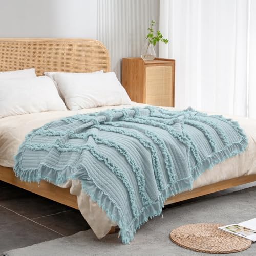 Ultra Soft Pre-Washed Warm Quilted Throw Blanket, Ruffle Fringed Blue Boho Decorative Throw, Stone Washed Chic Rustic Blanket for Sofa Couch Bed Chair, 50"x 60"