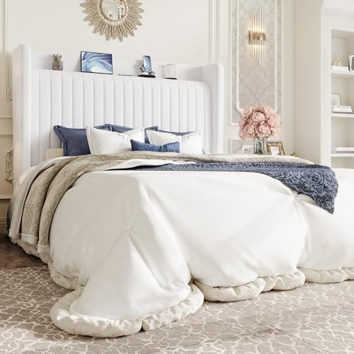 SHA CERLIN Queen Size Velvet Bed Frame with Shelf, Charging Station, White