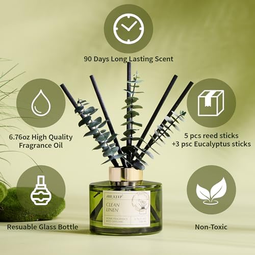 Airkeep Reed Diffuser Set with 6.76 fl oz Clean Linen Scent Essential Oils and 3 Leaves & 8 Diffuser Sticks,Bathroom Shelf Decor & Air Freshener, House Bedroom Office Decor & Gifts