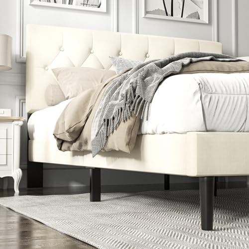HAOARA Full Size Platform Bed Frame with Upholstered Button Tufted Headboard, Mattress Foundation with Wooden Slat Support, Noise Free, No Box Spring Needed, Easy Assembly, Beige Velvet