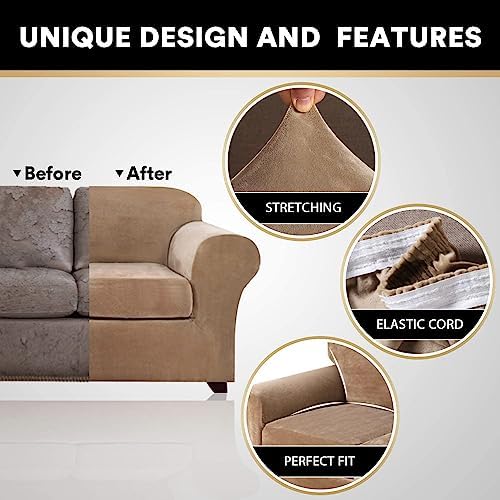 PrinceDeco Couch Cover Velvet Plush Sofa Covers for 2 Cushion Couch Width Up to 90 Inch Washable Furniture Protector Pet Friendly No Slip Sofa Slipcover(Medium-Large, Camel)