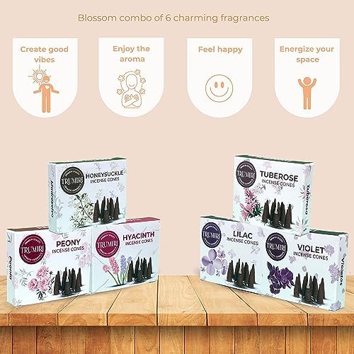 TRUMIRI Blossom Incense Cones - Variety Pack - Total 60 Cone Incense (6 Scents x 10 Conos) - Peony, Lilac, Violet, Honeysuckle, Hyacinth, Tuberose - Cone Incense Scents - Insense Cones - Incent Cone
