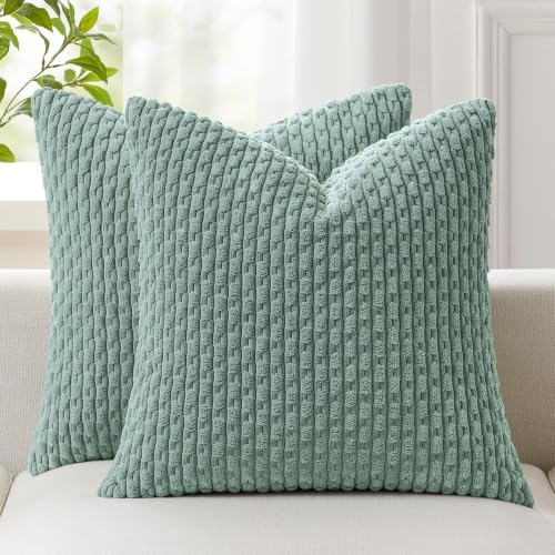 Kevin Textile Soft Corduroy 18x18 Inch Pillow Covers 2 Pack, Dusty Green