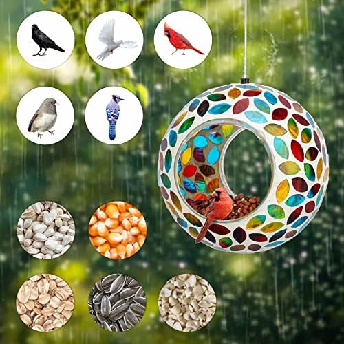 Yinns Bird Feeder, Hanging Fly Through Mosaic Glass Birdfeeder Garden Decor