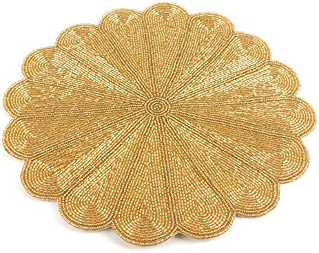 CLEENTABLE Gold Round Beaded Placemats, 13in Glass Bead Table Mats, 2-Pack