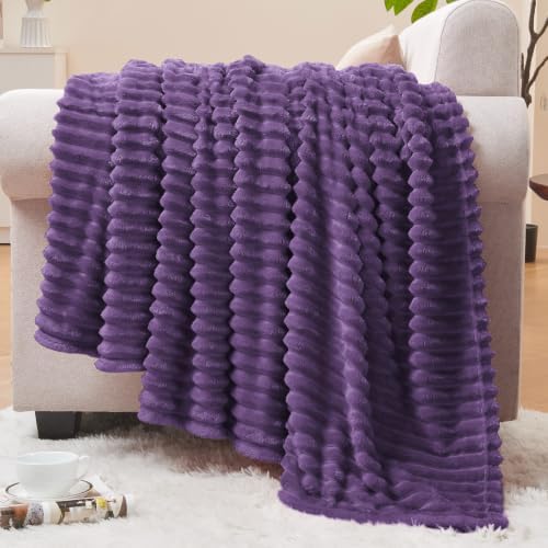BEDELITE Ribbed Jacquard Purple Fleece Throw Blanket for Couch, 50x60 Inch