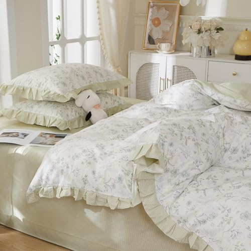 Vintage Floral 100% Cotton Duvet Cover Full Size, Spring Flower Botanical Duvet Cover with Romantic Ruffle Lace, Aesthetic Cottagecore Comforter Cover Lightweight Reversible Striped Bedding Set