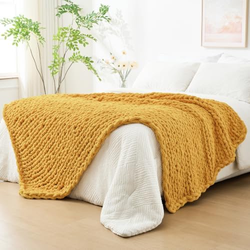 Bigacogo Chunky Knit Throw Blanket for Couch, 51x63 inches, Mustard Yellow