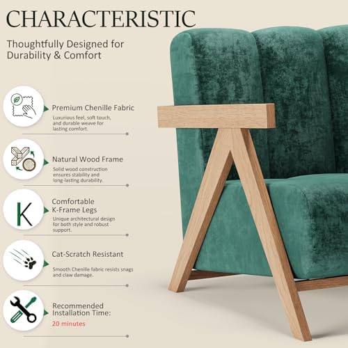 Modern Accent Chair Set of 2 for Living Room Bedroom,Comfy Chenille Reading Chair with Wood Frame,Upholstered Lounge Armchair with Thick High-Elastic Sponge for Apartment & Waiting Room(Green,2)