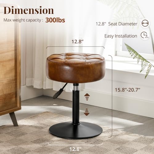 LUE BONA Adjustable Vanity Stool, 360°Swivel Vanity Chair for Makeup Room, Brown Stool Chair for Vanity, Small Faux Leather Vanity Stools for Bathroom, Living Room