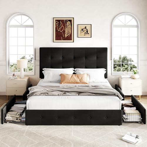 Allewie Full Size Storage Bed Frame with 4 Underbed Drawers, Upholstered Platform Bed with Adjustable Headboard, Square Button Tufted, Easy Assembly, Noise-Free, No Box Spring Needed, Soft Black