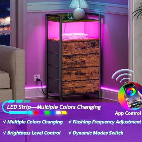 Furnulem Night Stand with Charging Station, 4 Drawer Tall Bedside Table