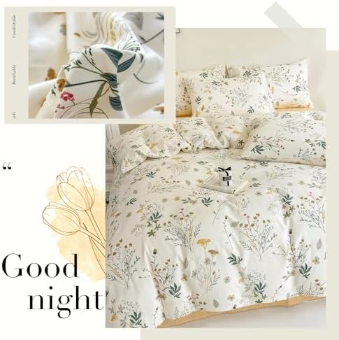 Cotton Duvet Cover King Botanical Bedding Set Yellow Floral Duvet Cover Set King Cottagecore Coquette Comforter Cover with Zipper,Garden Style Green Branches Bedding Duvet Cover Chic King 3 Piece