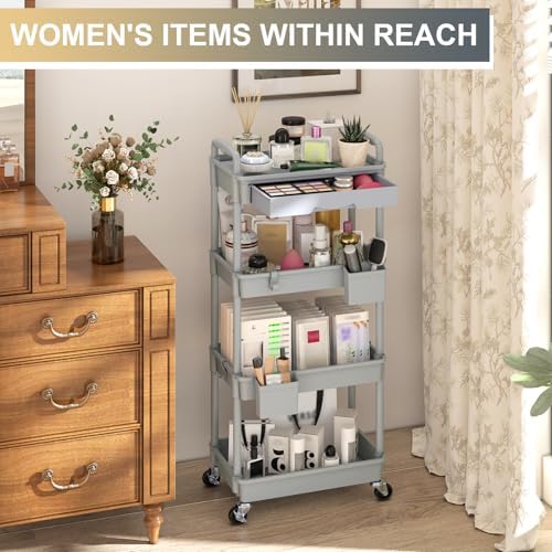 Goovilla 4 Tier Rolling Utility Cart Organizer with Removable Drawer, Grey