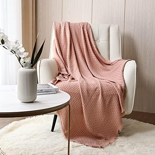 CREVENT Farmhouse Waffle Knit Throw Blanket for Couch Sofa Chair Bed Home Decoration, Soft Warm Cozy Light Weight for Spring Summer Fall (50''X60'' Coral Pink)