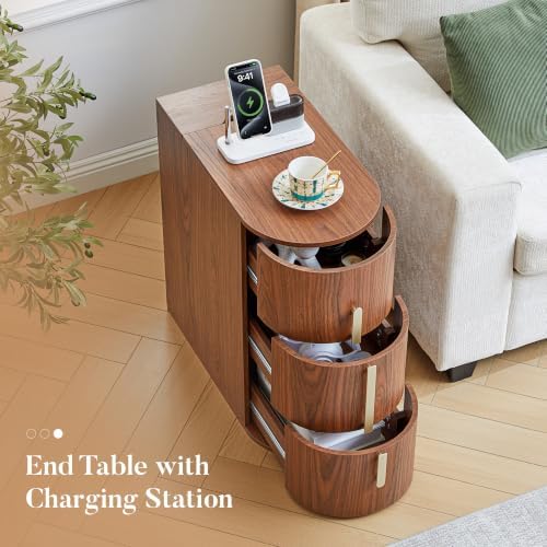 11.8" Narrow Nightstand with Charging Station, Small Bedside Table with 3 Drawers, Modern Skinny End Table for Living Room, Bedroom, Walnut