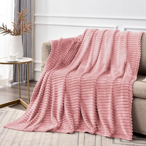 BEDELITE 3D Ribbed Jacquard Pink Fleece Throw Blanket for Couch, 50x70 Inch