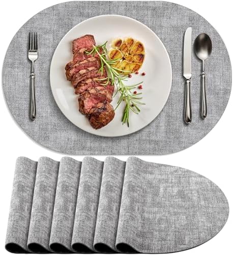 Faux Leather Oval Placemats Set of 6, Grey