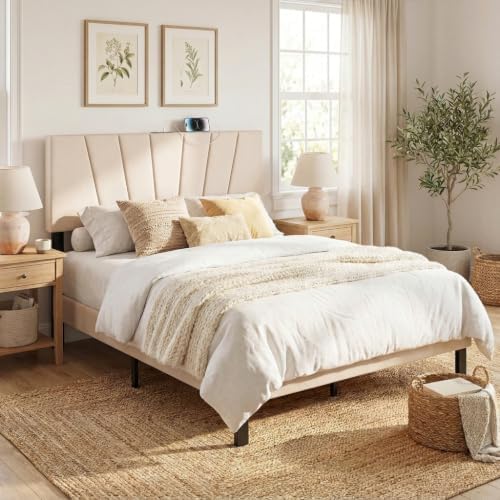 KOMFOTT Upholstered Full & Queen Headboard with Charging Station, Beige